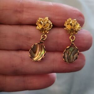 Gold Tone  and Green Abalone Drop Earrings